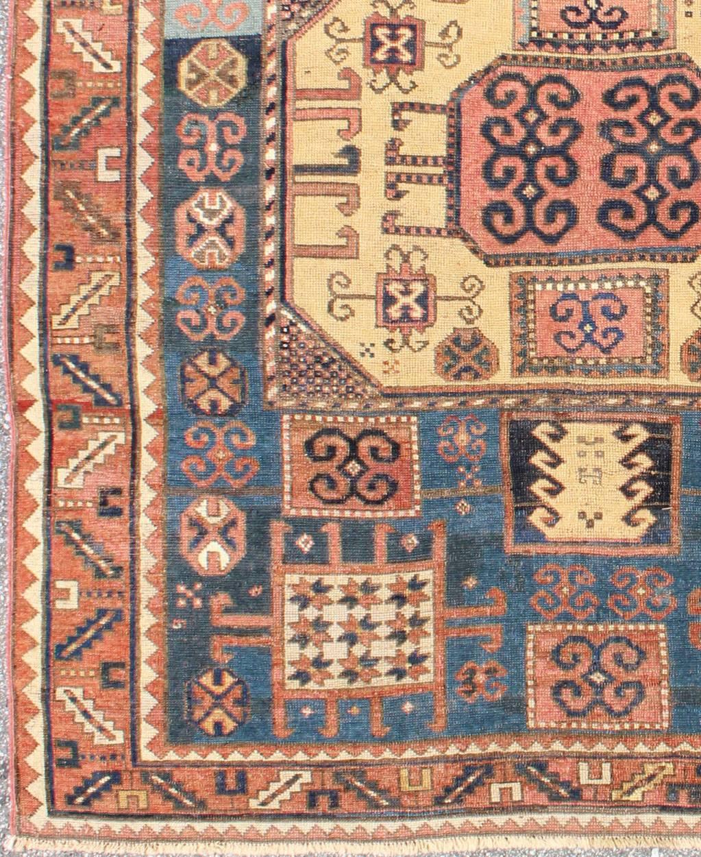 Antique Caucasian Karachopt Rug large rug in Teal and soft Yellow, 16-0601,  Keivan Woven Arts, antique Kazak Karachopf rugs are among the most desirable Caucasian rugs. The colors of rusty, salmon, pink, buttery yellow, various blue and ivories