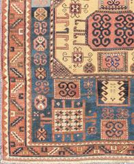Antique Caucasian Karachopt Rug large rug in Blue, Salmon Teal and Soft Yellow
