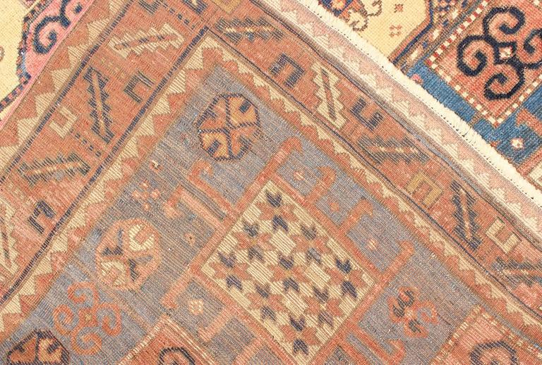 19th Century Antique Caucasian Karachopt Rug large rug in Blue, Salmon Teal and soft Yellow For Sale