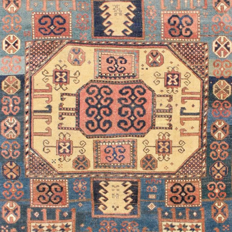 Hand-Knotted Antique Caucasian Karachopt Rug large rug in Blue, Salmon Teal and soft Yellow For Sale