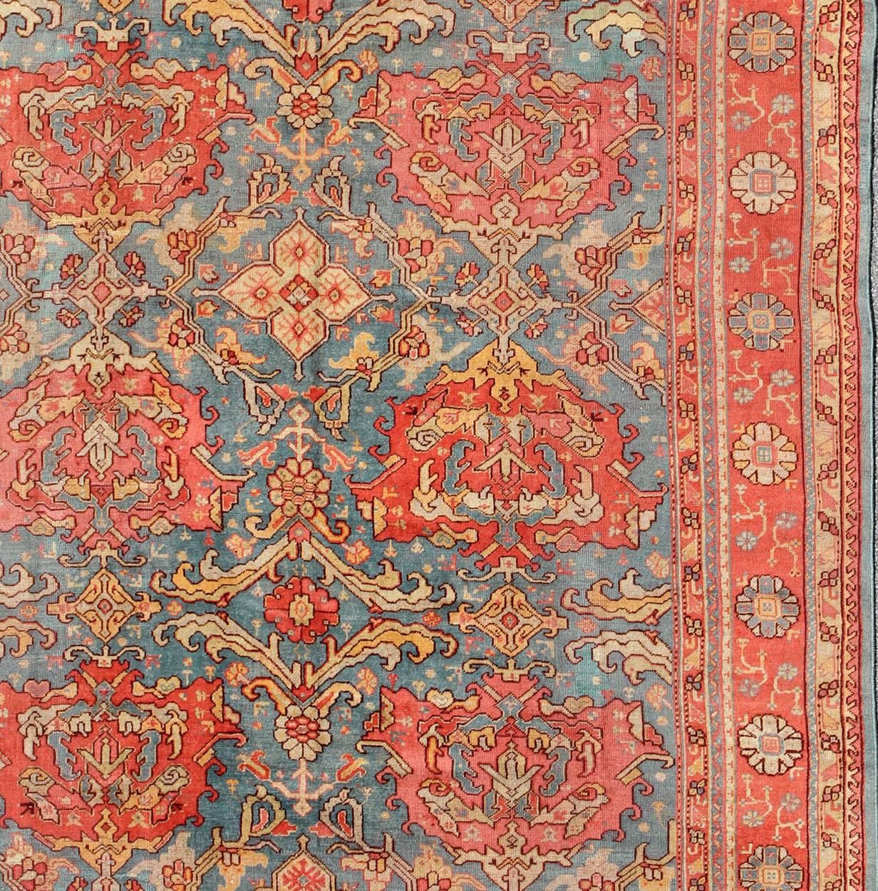 Hand-Knotted Antique Colorful Turkish Oushak Rug with Teal Color For Sale