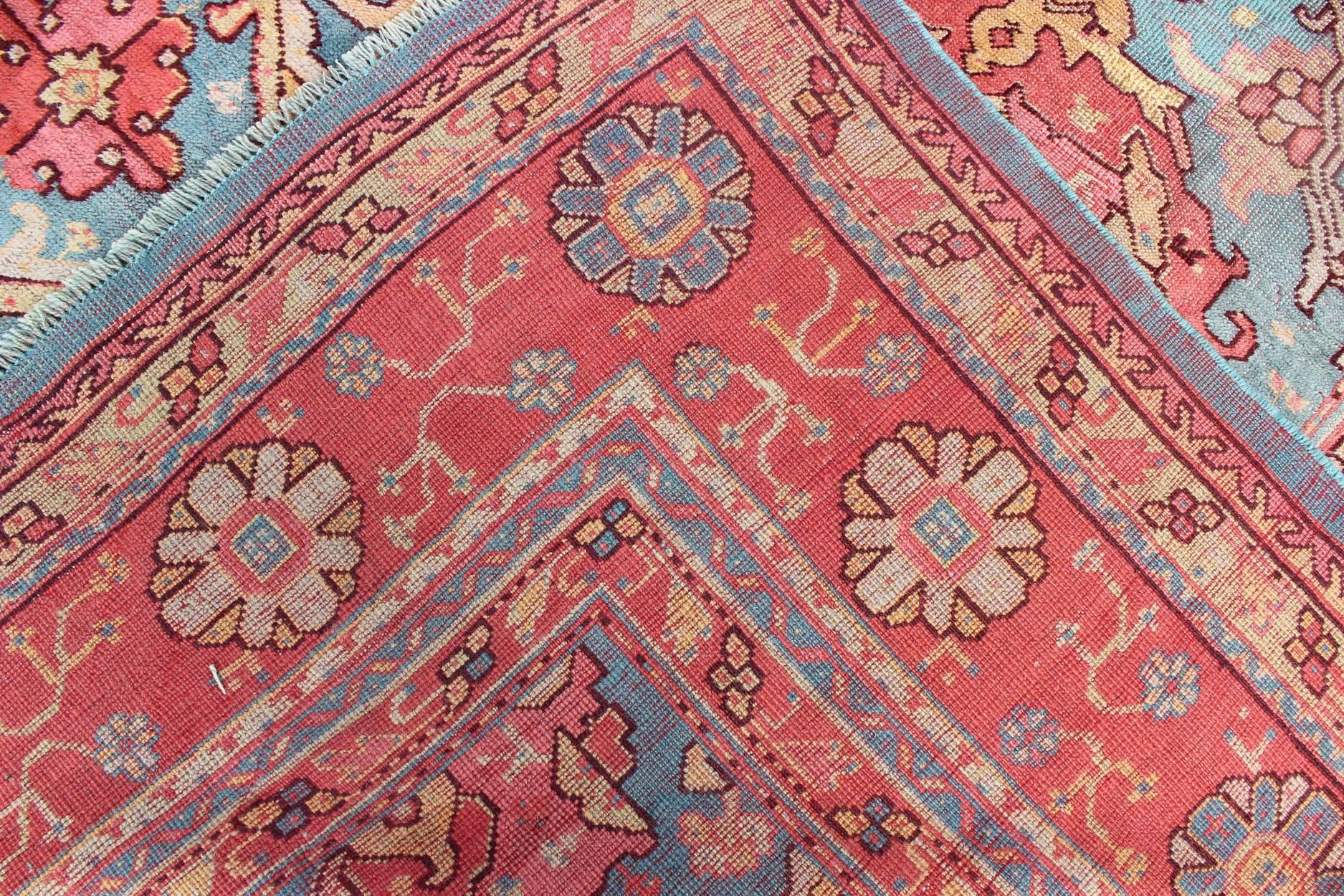 20th Century Antique Colorful Turkish Oushak Rug with Teal Color For Sale