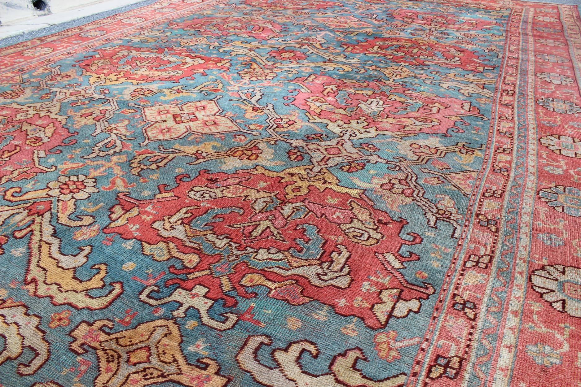 Antique Colorful Turkish Oushak Rug with Teal Color In Good Condition For Sale In Atlanta, GA