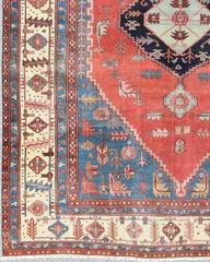 Antique Persian Large Bakshaish Serapi Rug in Brick Red, Royal Blue and Ivory