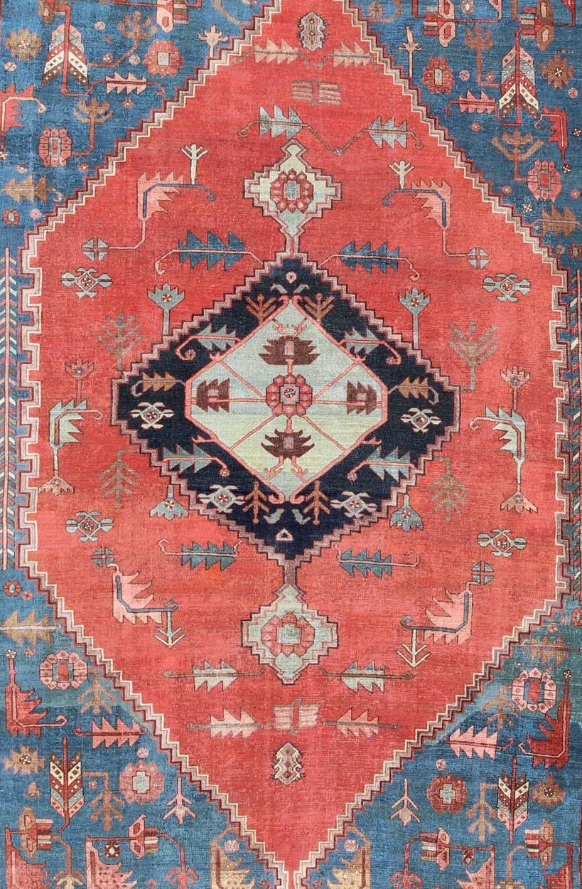 Hand-Knotted Antique Persian Large Bakshaish Serapi Rug in Brick Red, Royal Blue and Ivory For Sale
