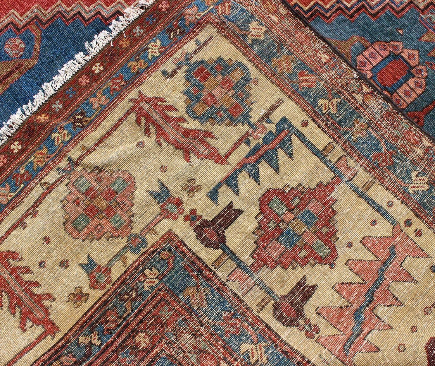 Antique Persian Large Bakshaish Serapi Rug in Brick Red, Royal Blue and Ivory For Sale 3