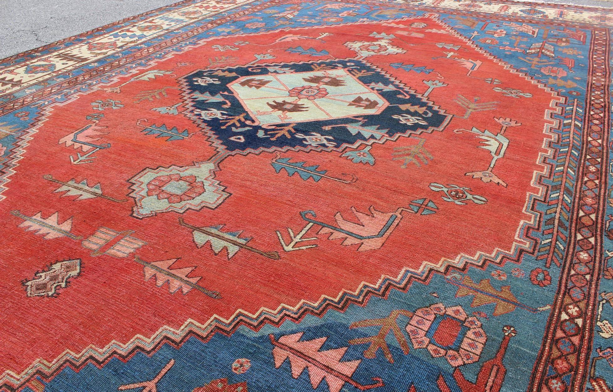 Antique Persian Large Bakshaish Serapi Rug in Brick Red, Royal Blue and Ivory In Good Condition For Sale In Atlanta, GA