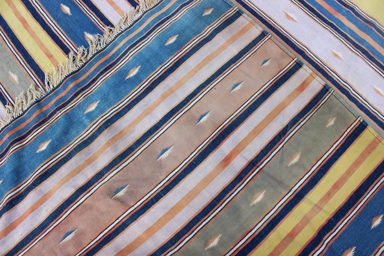 Indian Long Vintage Cotton Dhurrie Rug with Stripe design in Blue, Yellow Green & Brown