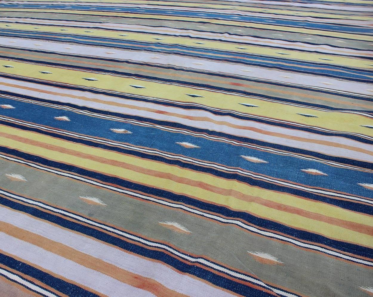 Hand-Woven Long Vintage Cotton Dhurrie Rug with Stripe design in Blue, Yellow Green & Brown