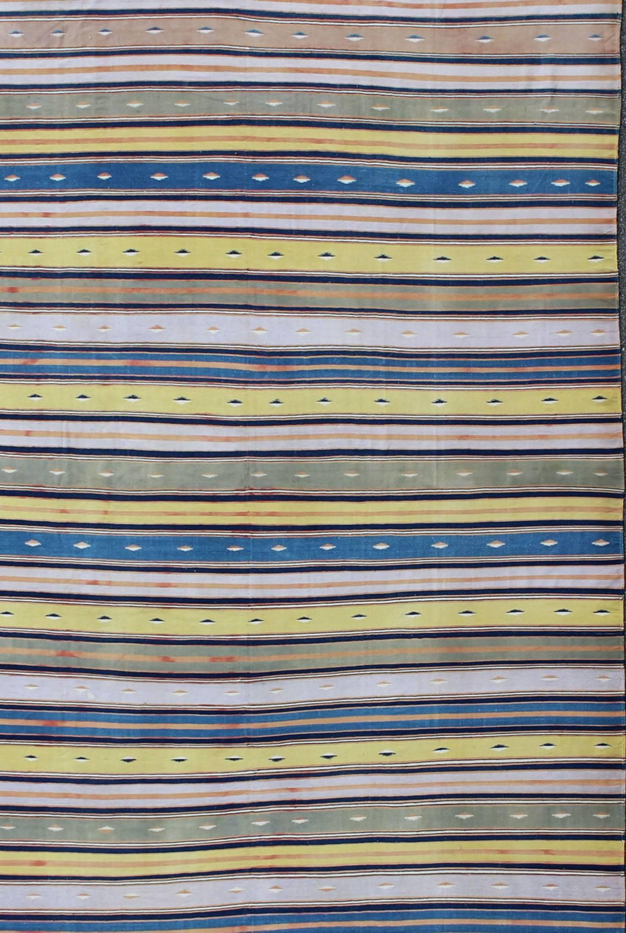 Long Vintage Cotton Dhurrie Rug with Stripe design in Blue, Yellow Green and Brown, 16-0910, Large vintage Dhurrie, Woven during the mid-20th century, this designer cotton Dhurrie is decorated with a stripe pattern rendered with an inventive