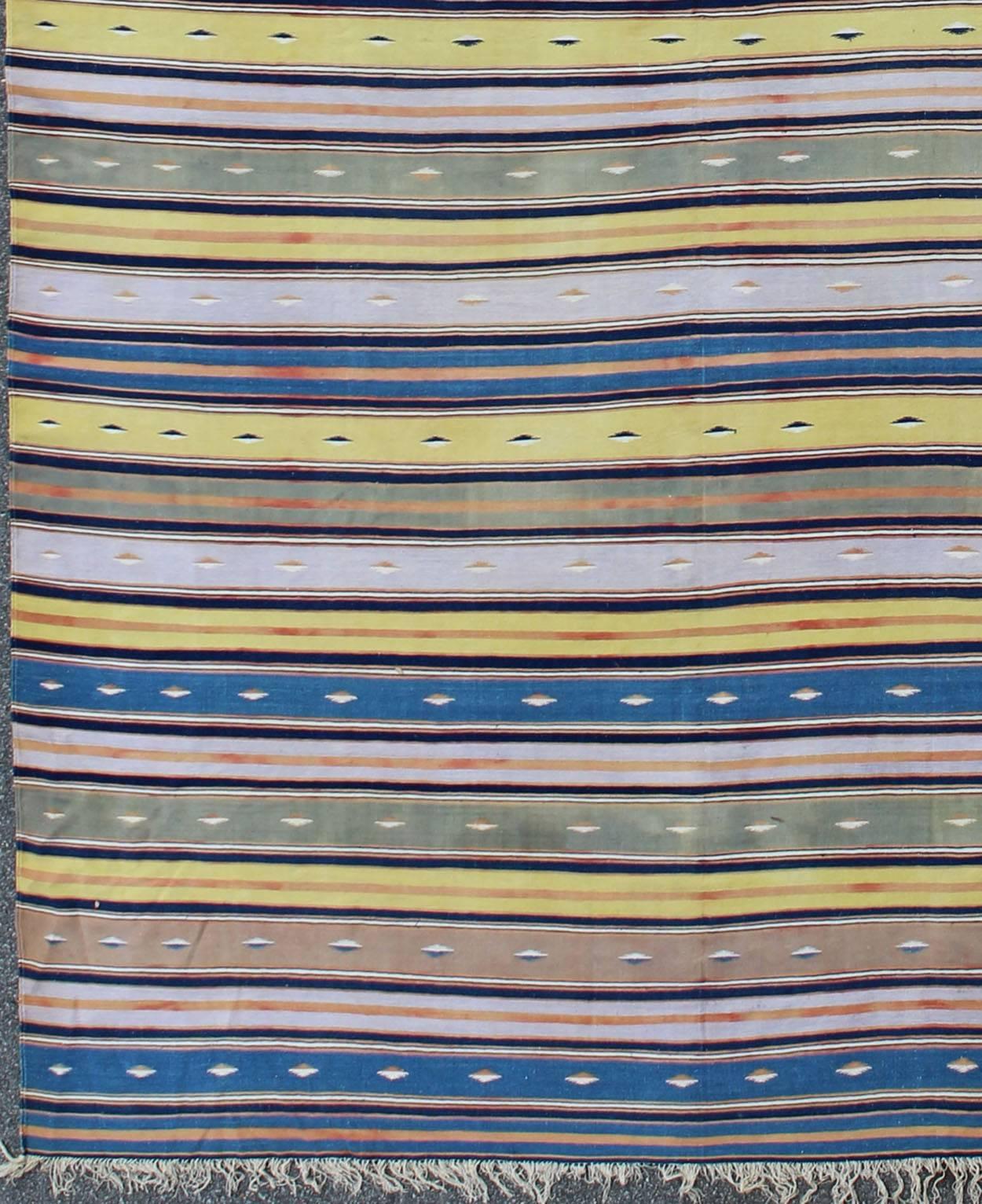 Kilim Long Vintage Cotton Dhurrie Rug with Stripe design in Blue, Yellow Green & Brown