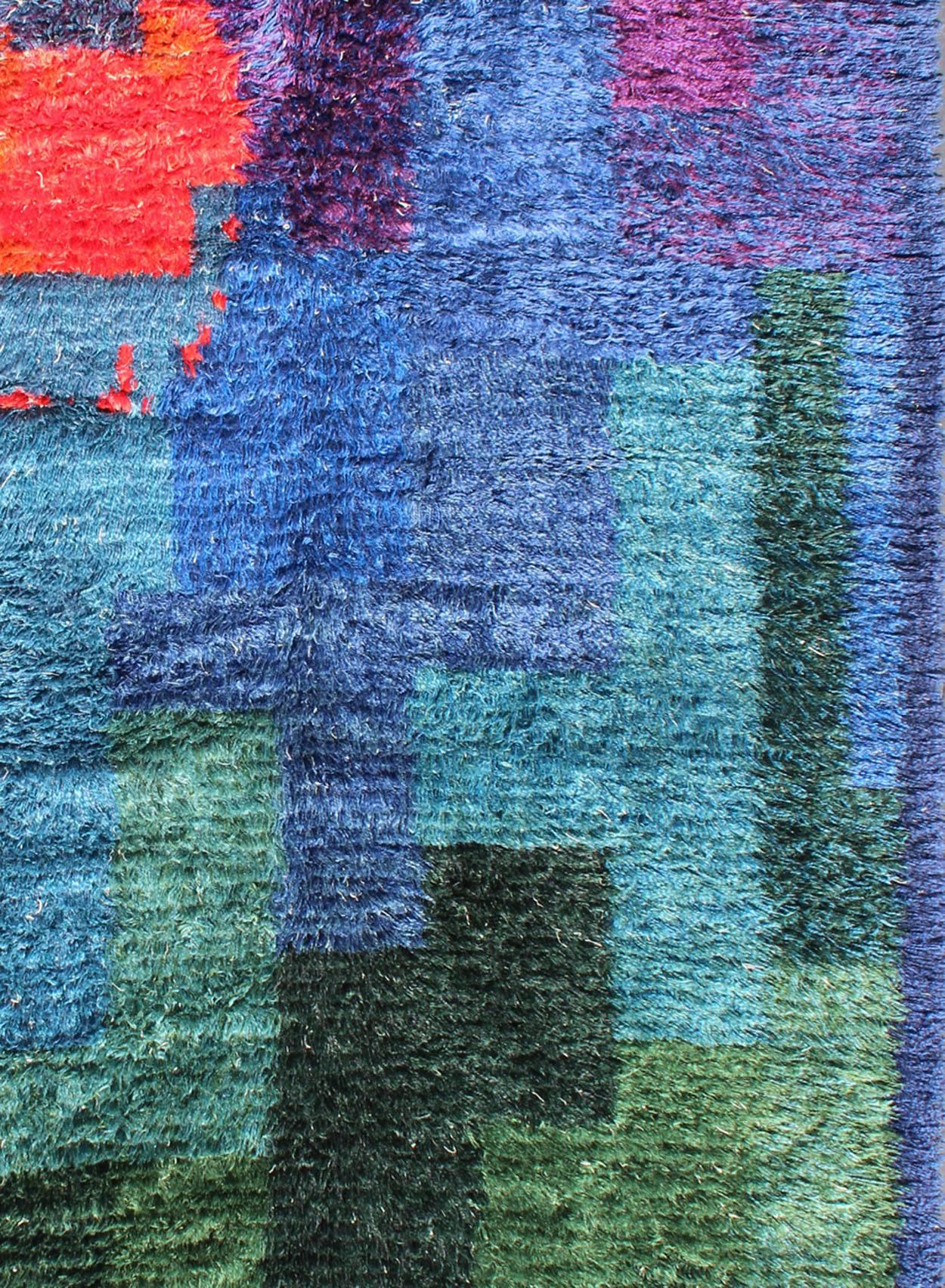 Hand-Knotted Vintage Swedish Hand Knotted Rug in Abstract Design with Brilliant Colors For Sale