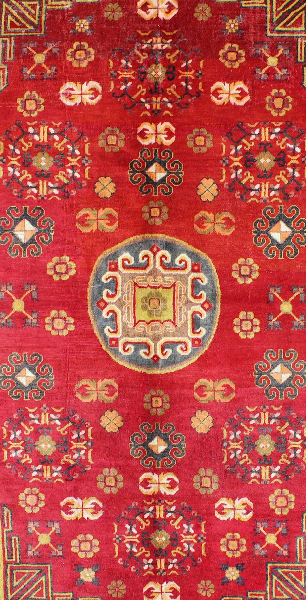 Hand-Knotted Antique Khotan Rug in Rich Red, Green and Charcoal Colors For Sale