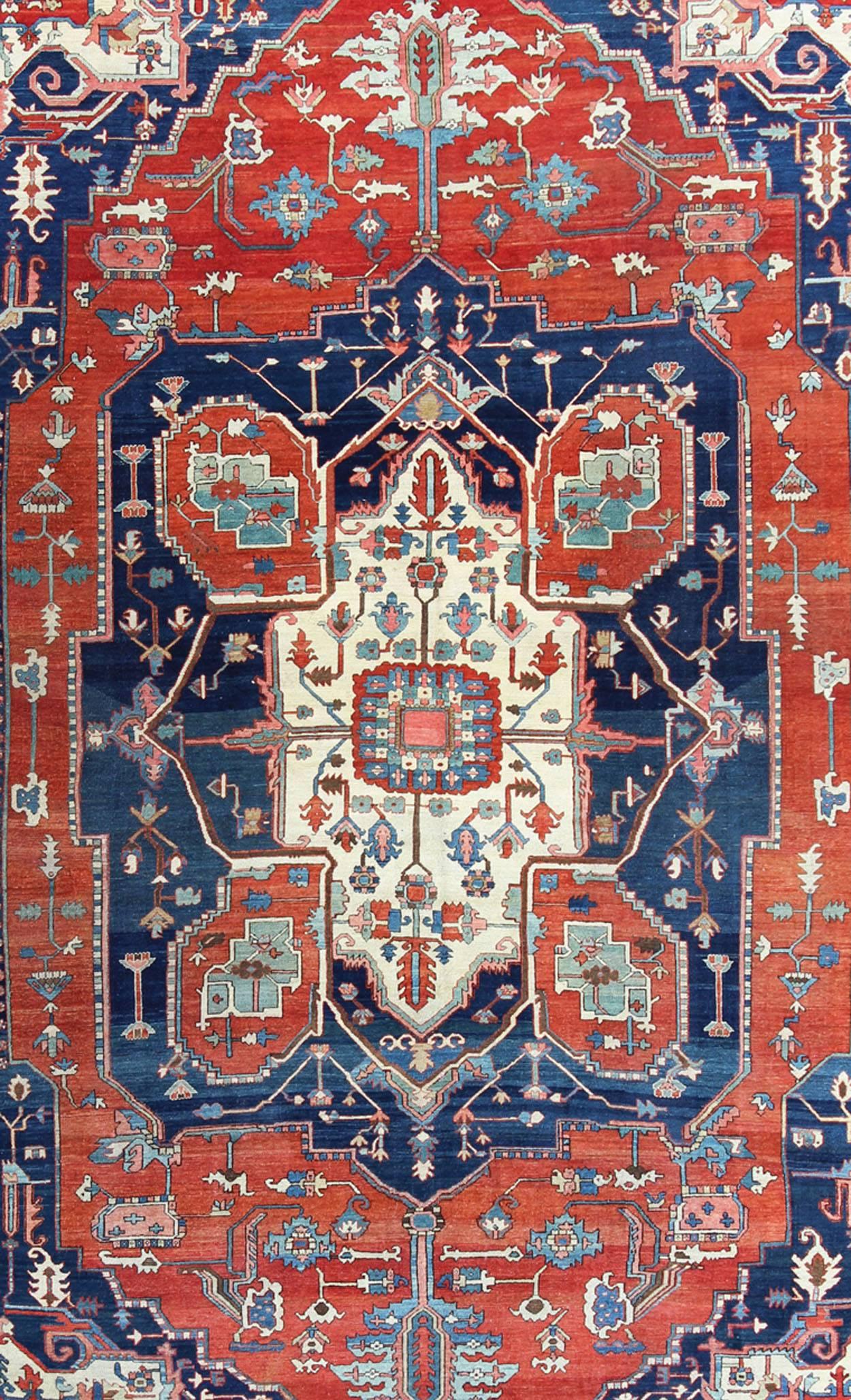 Hand-Knotted Large Antique Persian Fine Weave Serapi Rug with Bold Geometric Medallion For Sale