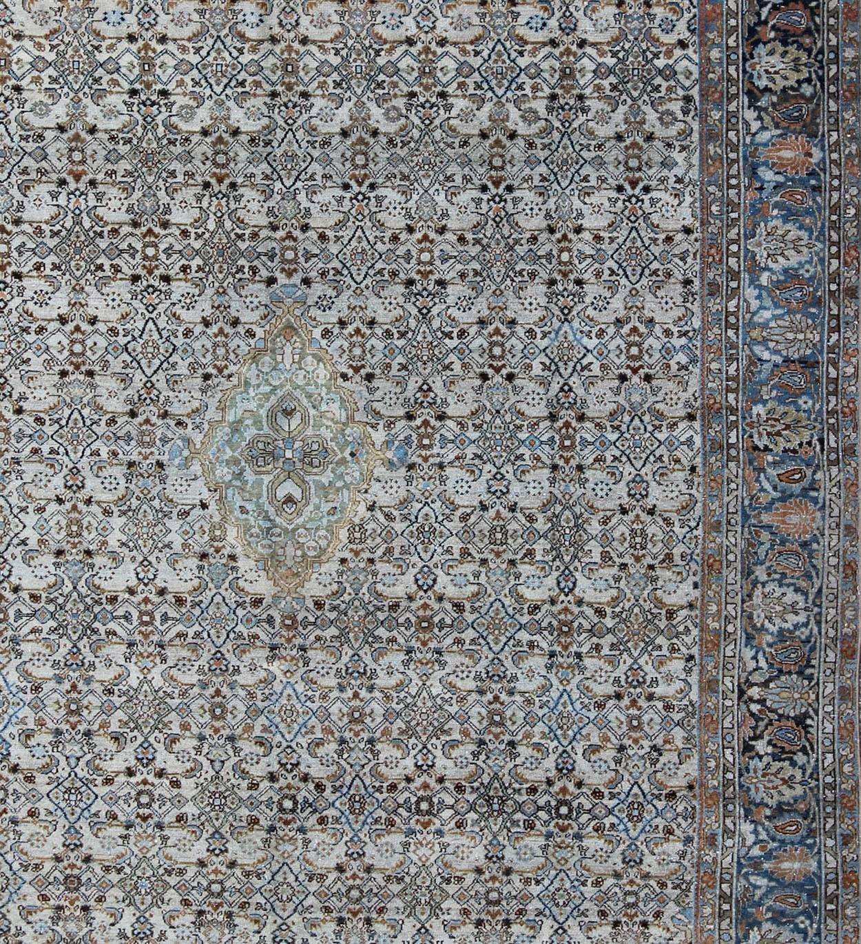 Antique Persian Malayer Unique Rug in Steel Blue Border and Ivory Background In Good Condition In Atlanta, GA