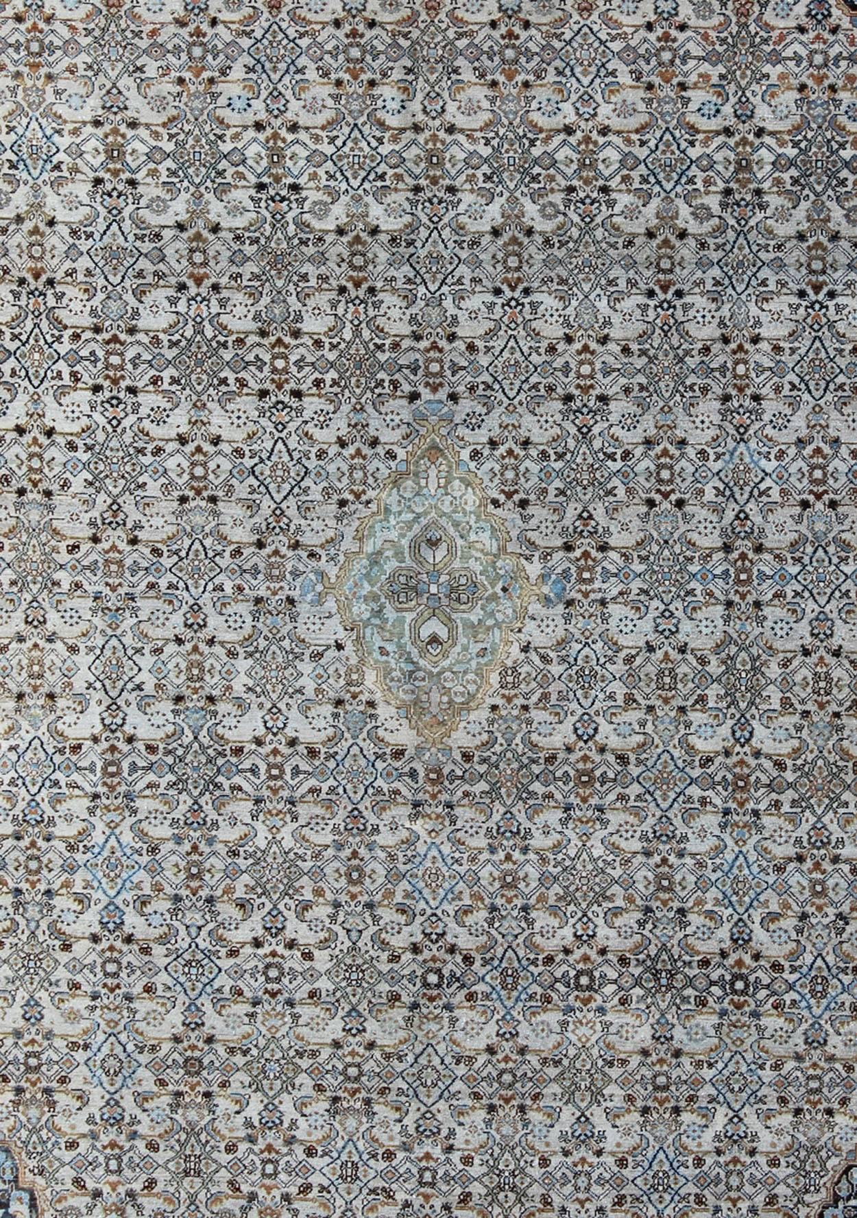 Hand-Knotted Antique Persian Malayer Unique Rug in Steel Blue Border and Ivory Background