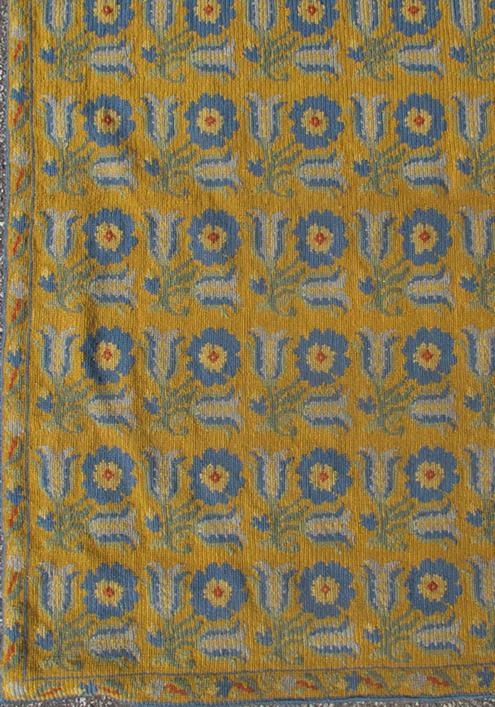 Long Antique Greek Needlepoint Runner from early 20th century, with a unique Floral Design in Yellow, 13-0307, This Greek needlepoint features repeating flowers of various shades of blue and hints of green. 
3'3 x 17'9.
List Price   $9,500
