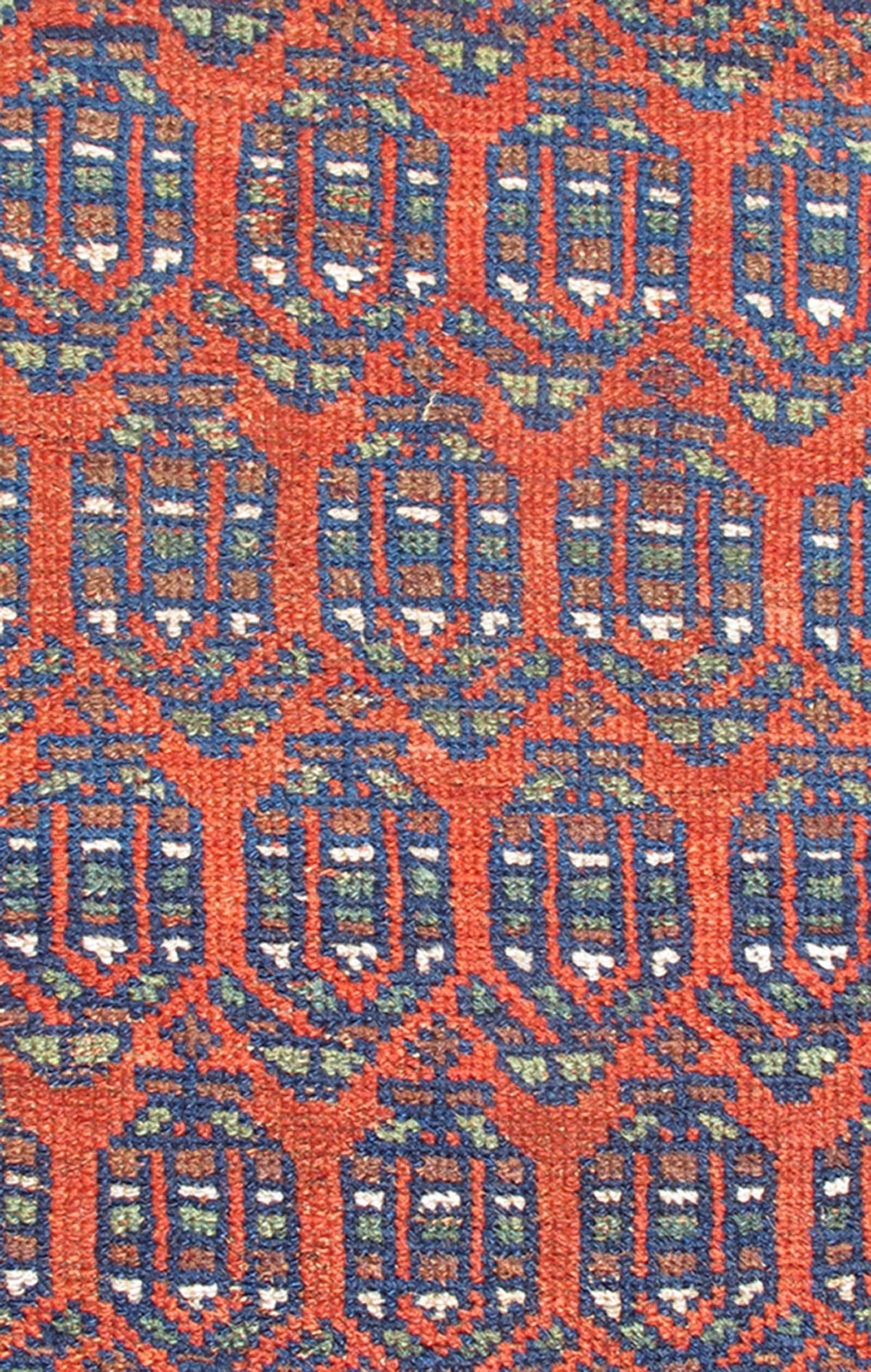 Hand-Knotted Long Persian Bidjar Kurdish Runner with small Paisley Design in Red, Blue, Brown For Sale