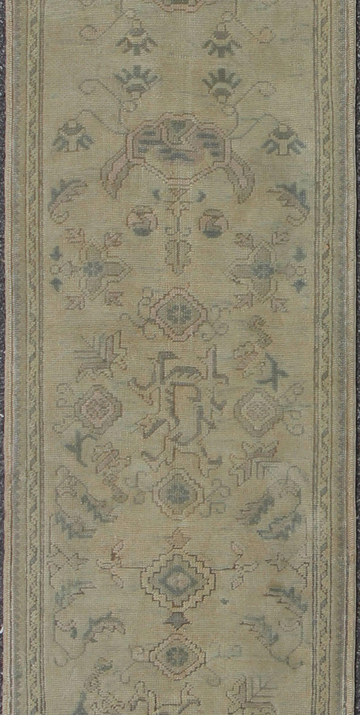 Antique Turkish Oushak Runner with All-Over Design with green and Blue Accents In Good Condition For Sale In Atlanta, GA