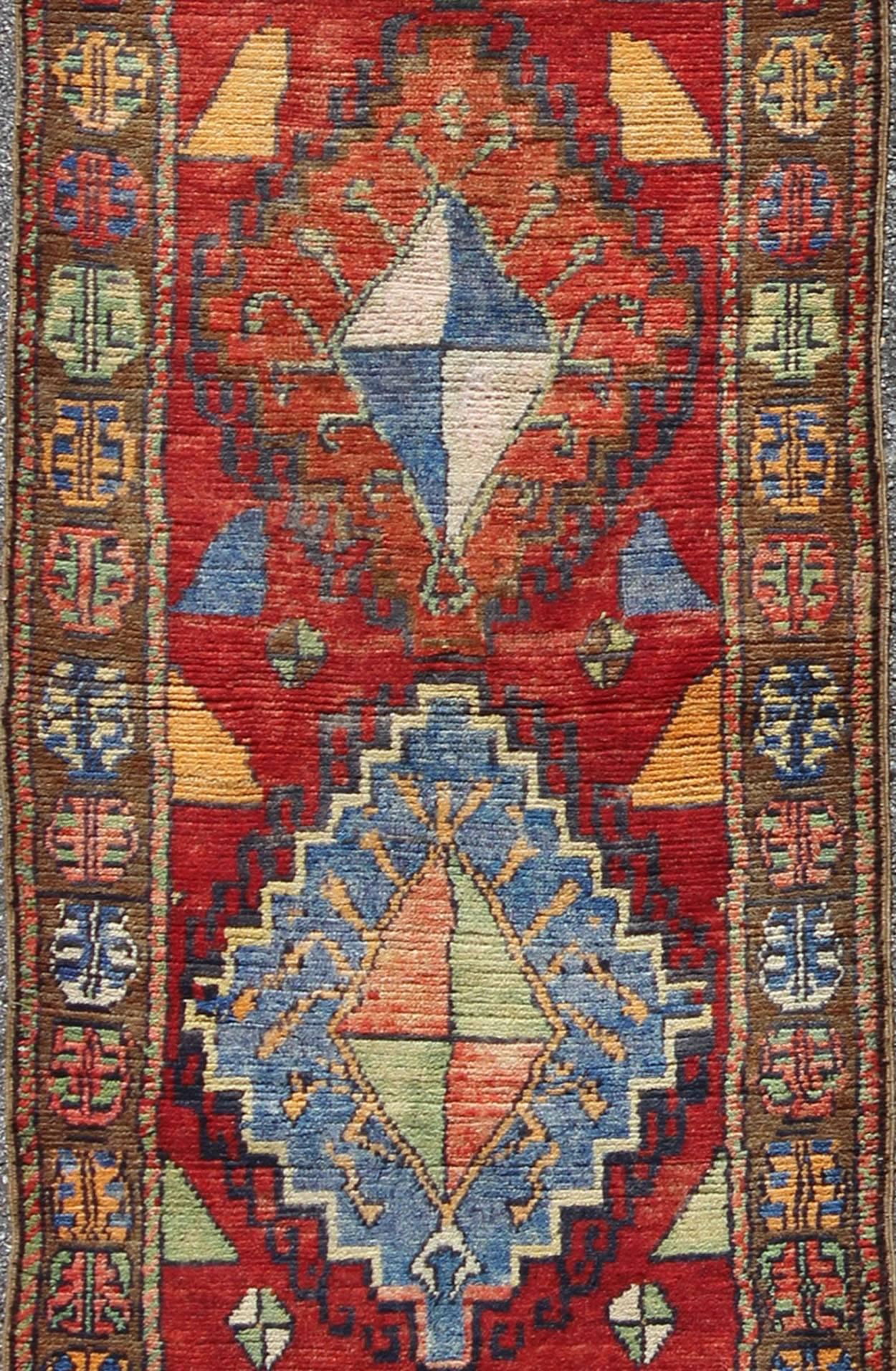 Hand-Knotted Hand Knotted Vintage Turkish Oushak Runner with Geometric Tribal Design For Sale