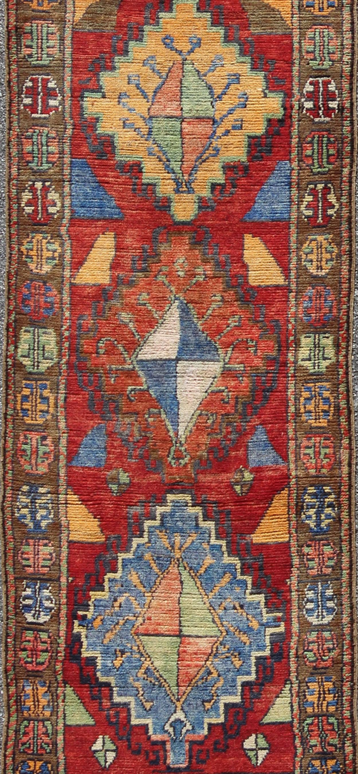 Hand Knotted Vintage Turkish Oushak Runner with Geometric Tribal Design In Good Condition For Sale In Atlanta, GA