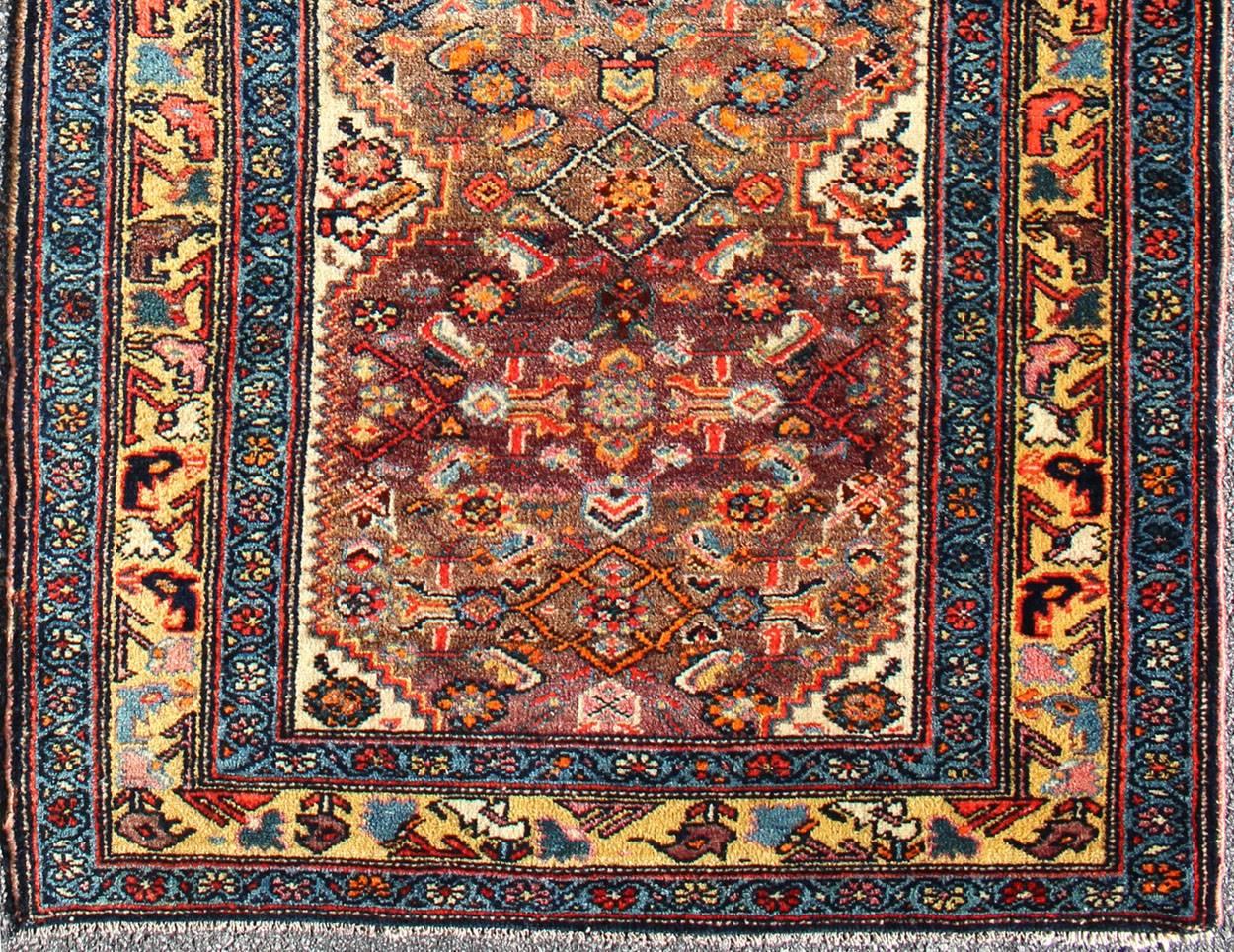 Antique Persian Fine Persian Malayer Short Runner in Great Condition , 16-0920, This colorful piece features a gradient coral and purple field decorated with navy blue lattice work and stylized boteh and floral elements. A beautifully drawn