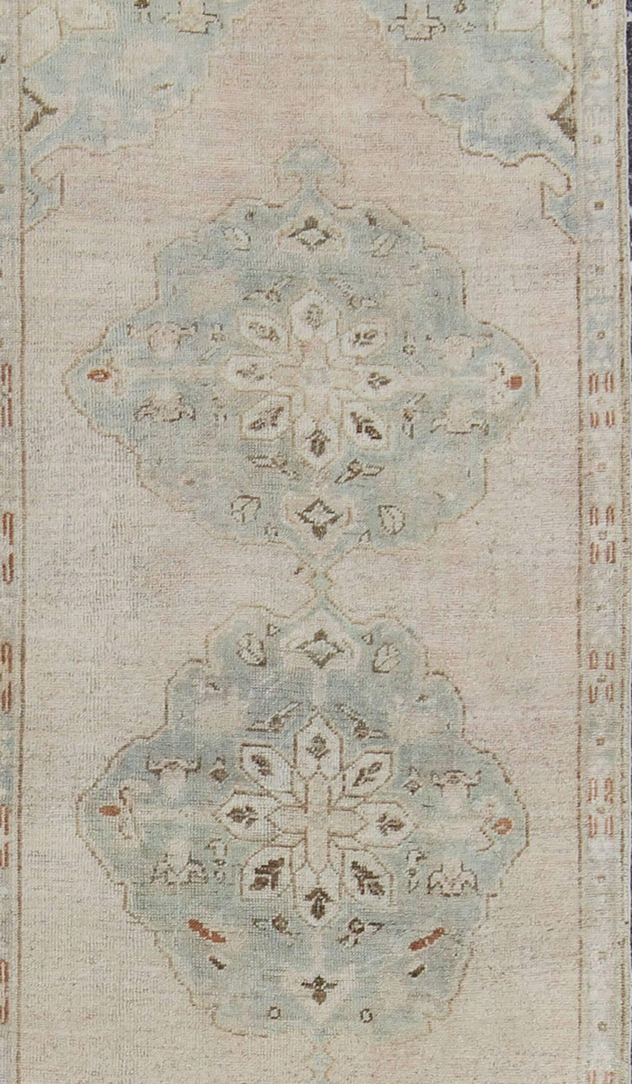 Turkish Vintage Oushak Runner in Sea-Foam Green and Blue with Medallion Design