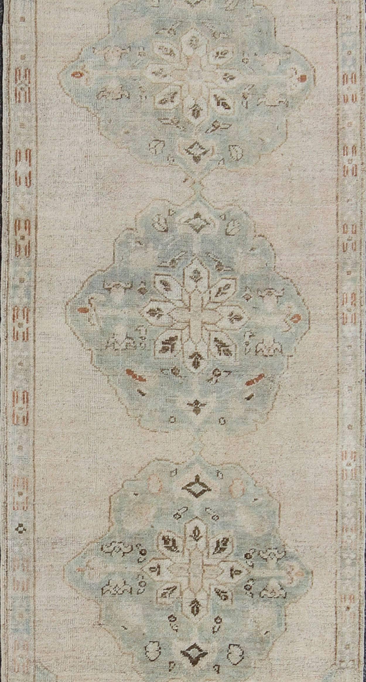 Hand-Knotted Vintage Oushak Runner in Sea-Foam Green and Blue with Medallion Design