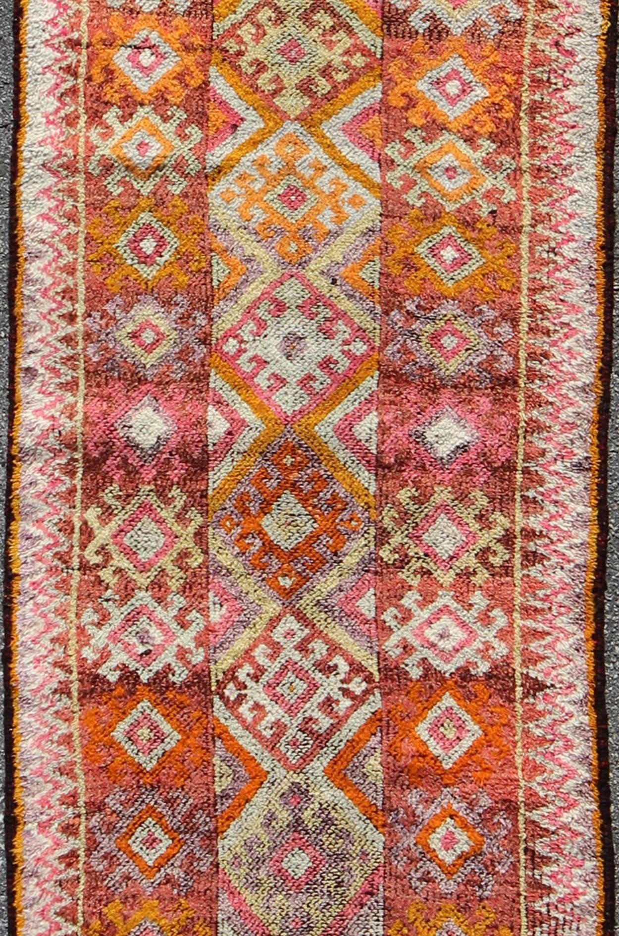 Hand-Knotted Tribal Turkish Runner with Colorful All-Over Diamond Design For Sale