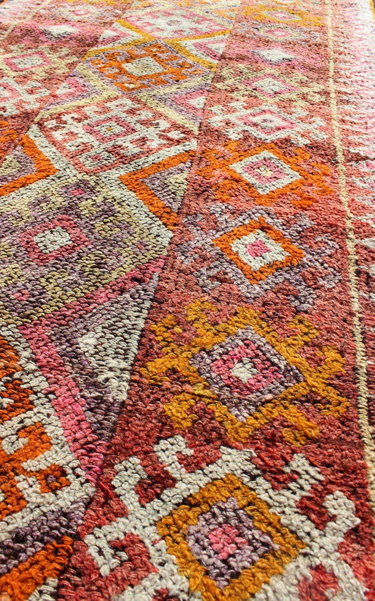 Tribal Turkish Runner with Colorful All-Over Diamond Design In Good Condition For Sale In Atlanta, GA