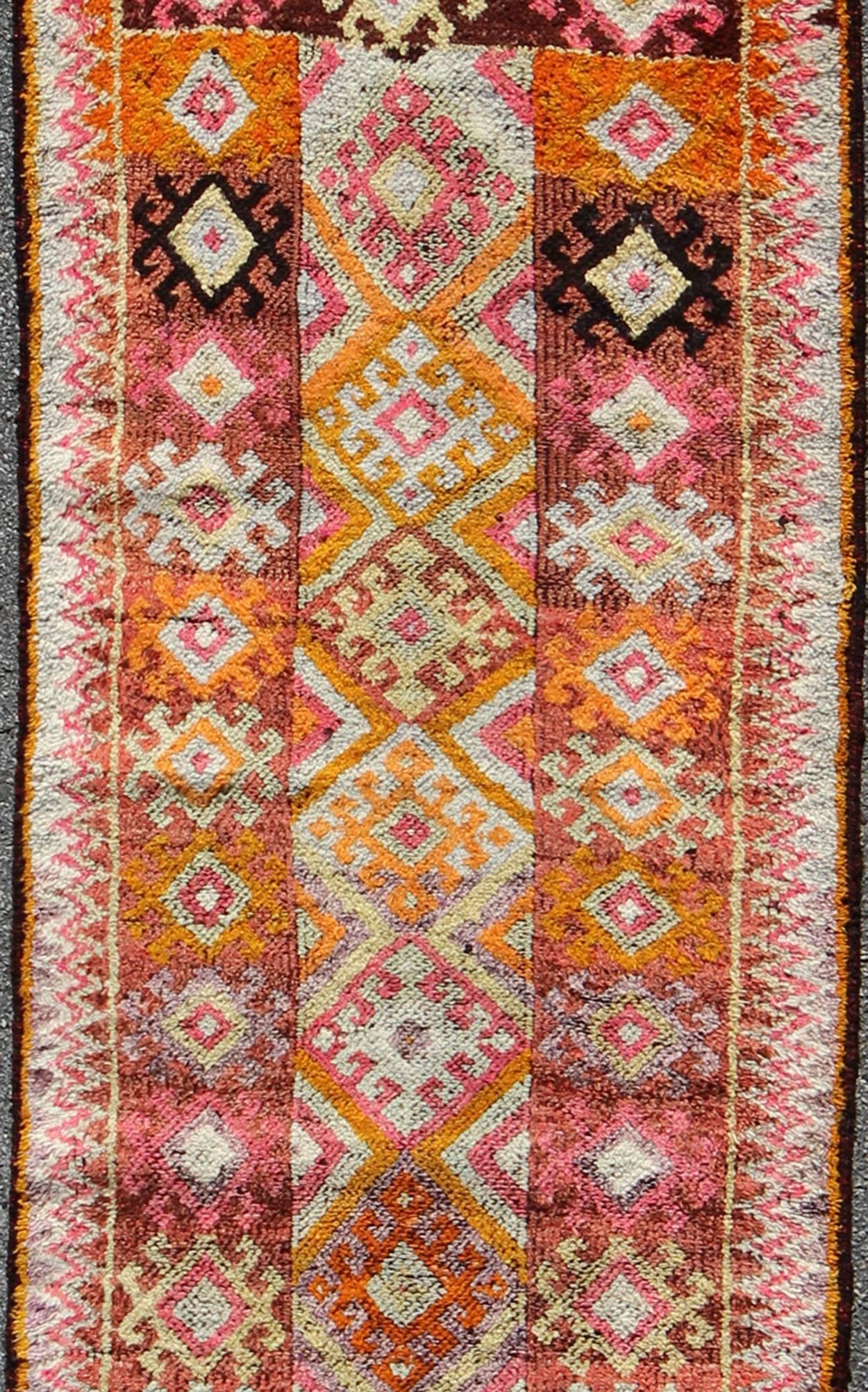 Oushak Tribal Turkish Runner with Colorful All-Over Diamond Design For Sale
