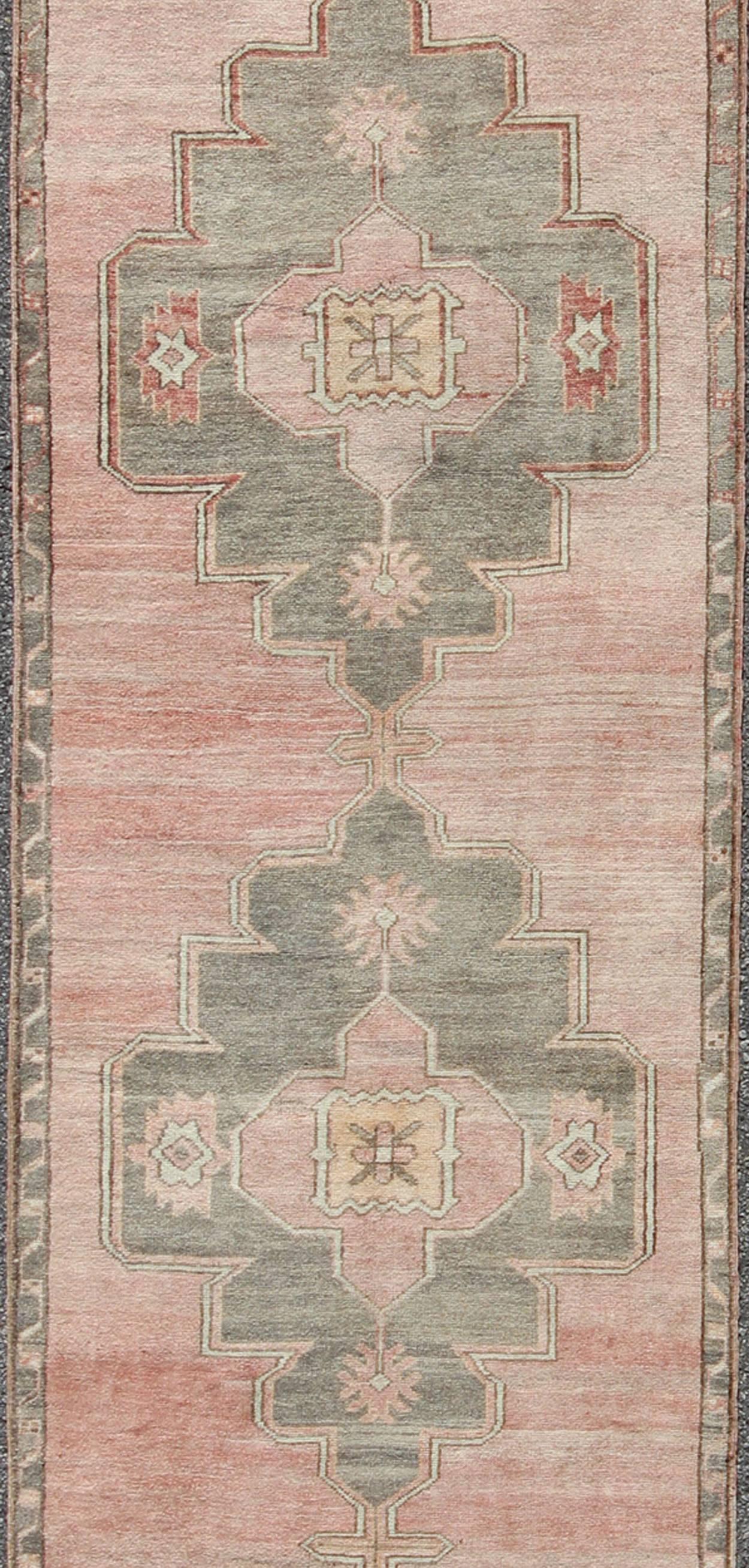 Hand-Knotted Coral and Pink Turkish Oushak Runner with Medallion Design For Sale
