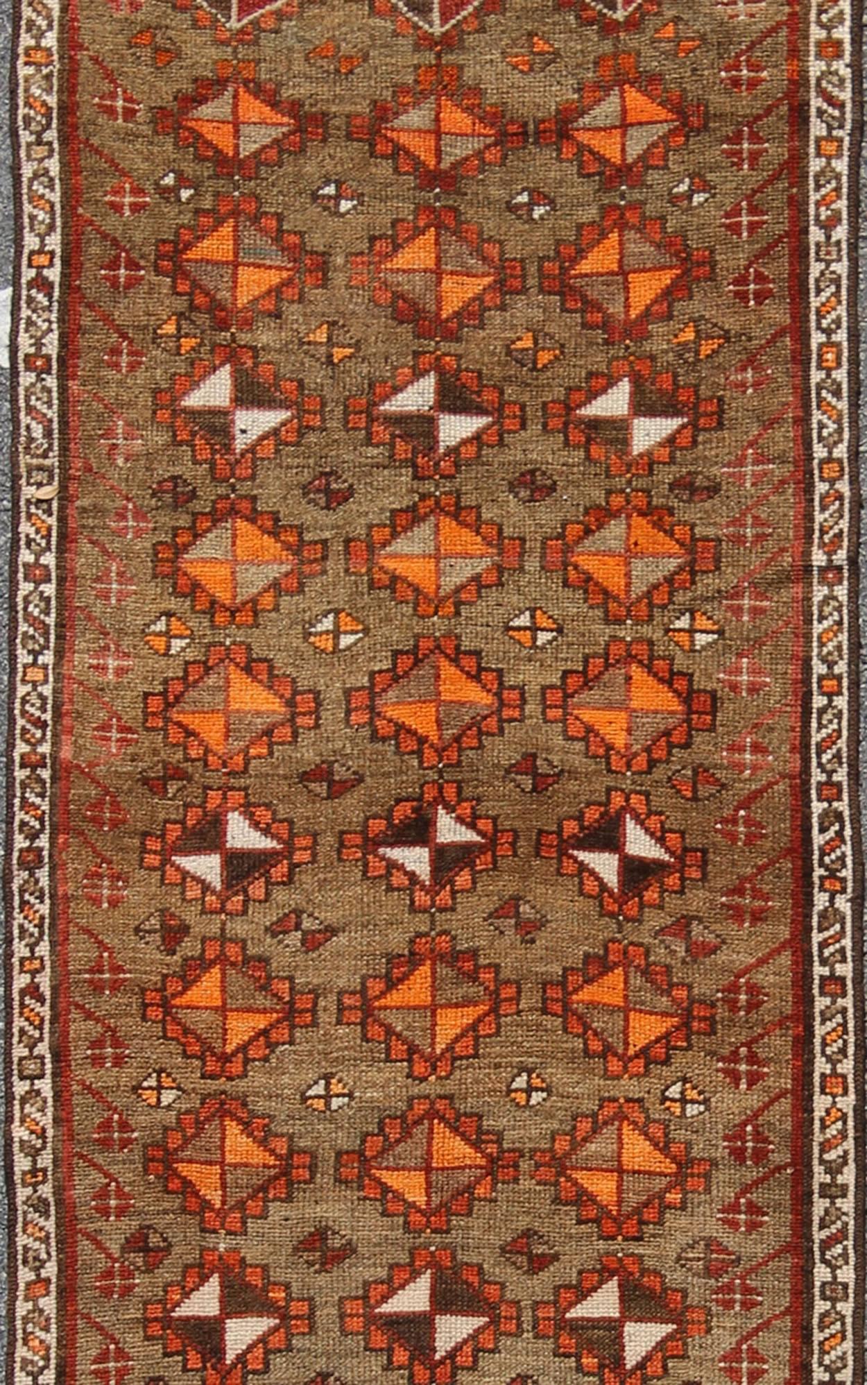 Hand-Knotted Antique Turkish Tribal Runner in Diamond Design and Geometrics in Green, Rust For Sale