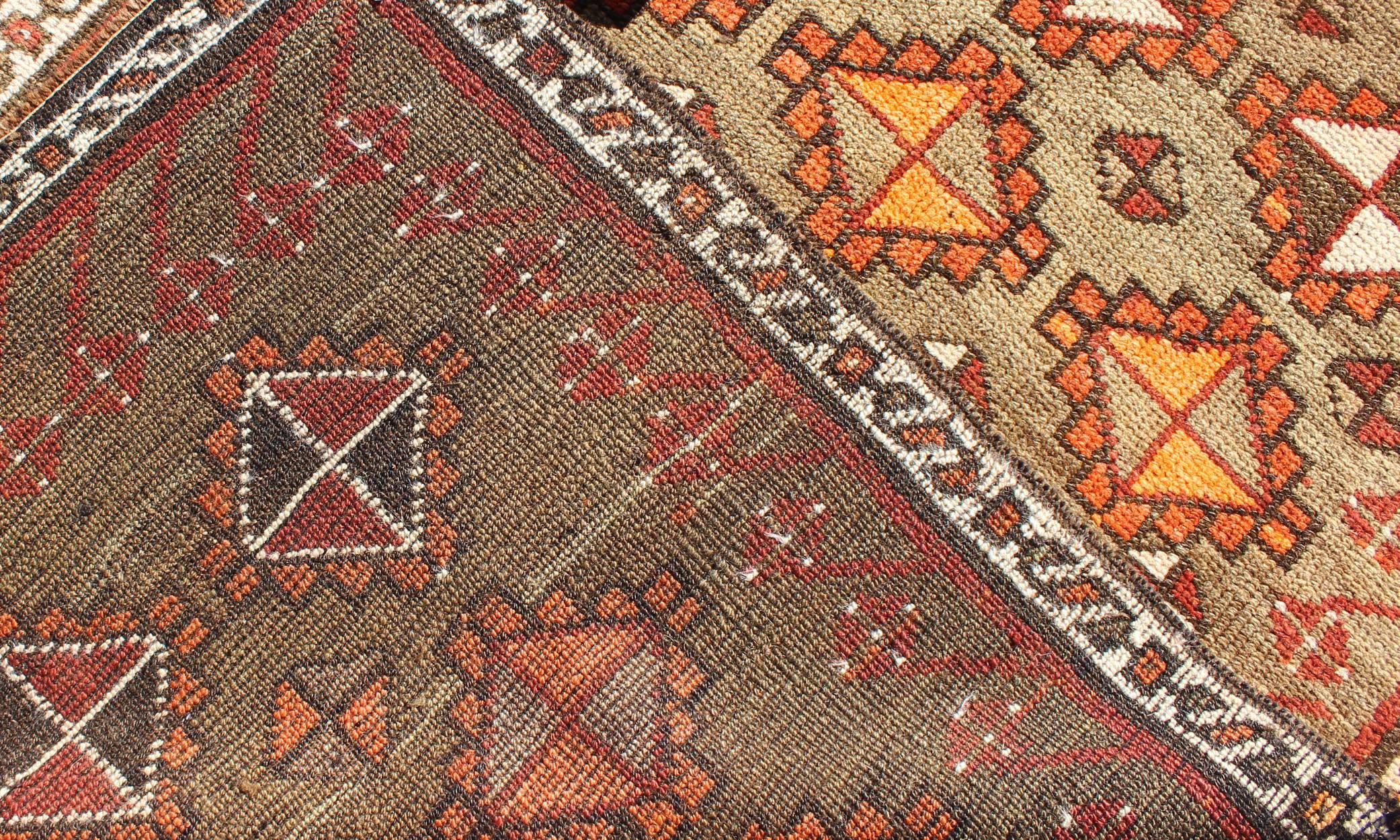Mid-20th Century Antique Turkish Tribal Runner in Diamond Design and Geometrics in Green, Rust For Sale