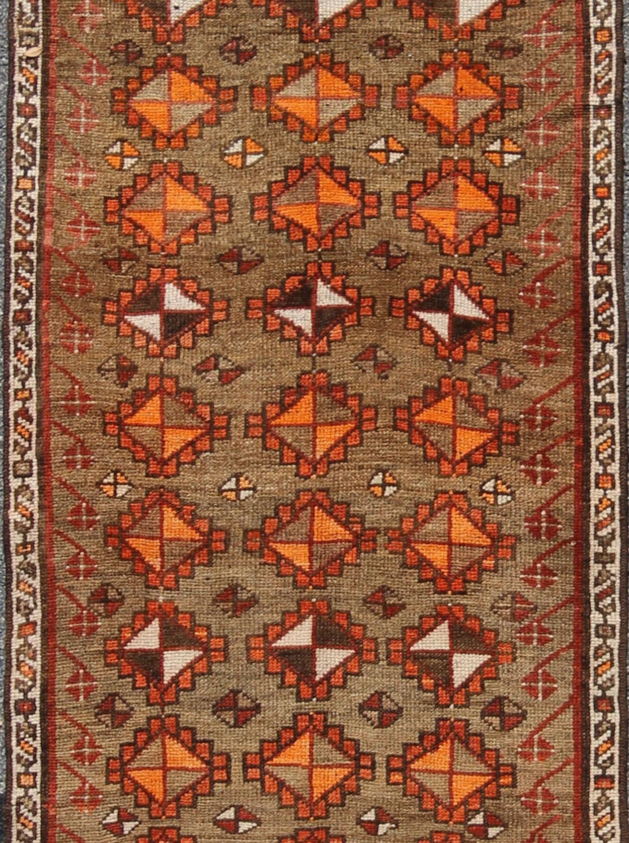 Antique Turkish Tribal Runner in Diamond Design and Geometrics in Green, Rust In Excellent Condition For Sale In Atlanta, GA