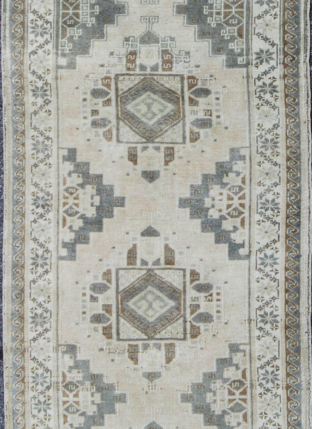 Turkish Vintage Oushak Runner with Ornate Taupe and Gray Medallions