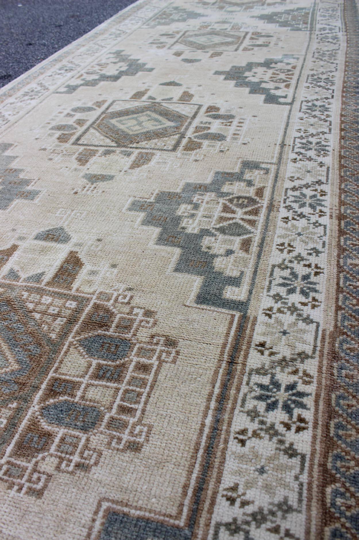 Vintage Oushak Runner with Ornate Taupe and Gray Medallions In Fair Condition In Atlanta, GA