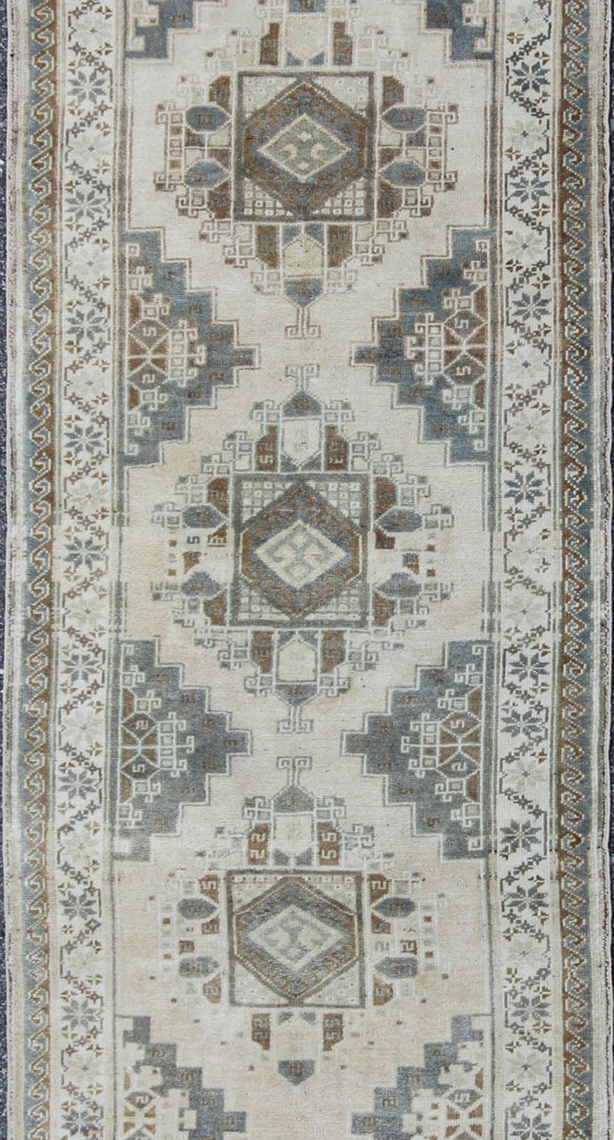 Hand-Knotted Vintage Oushak Runner with Ornate Taupe and Gray Medallions