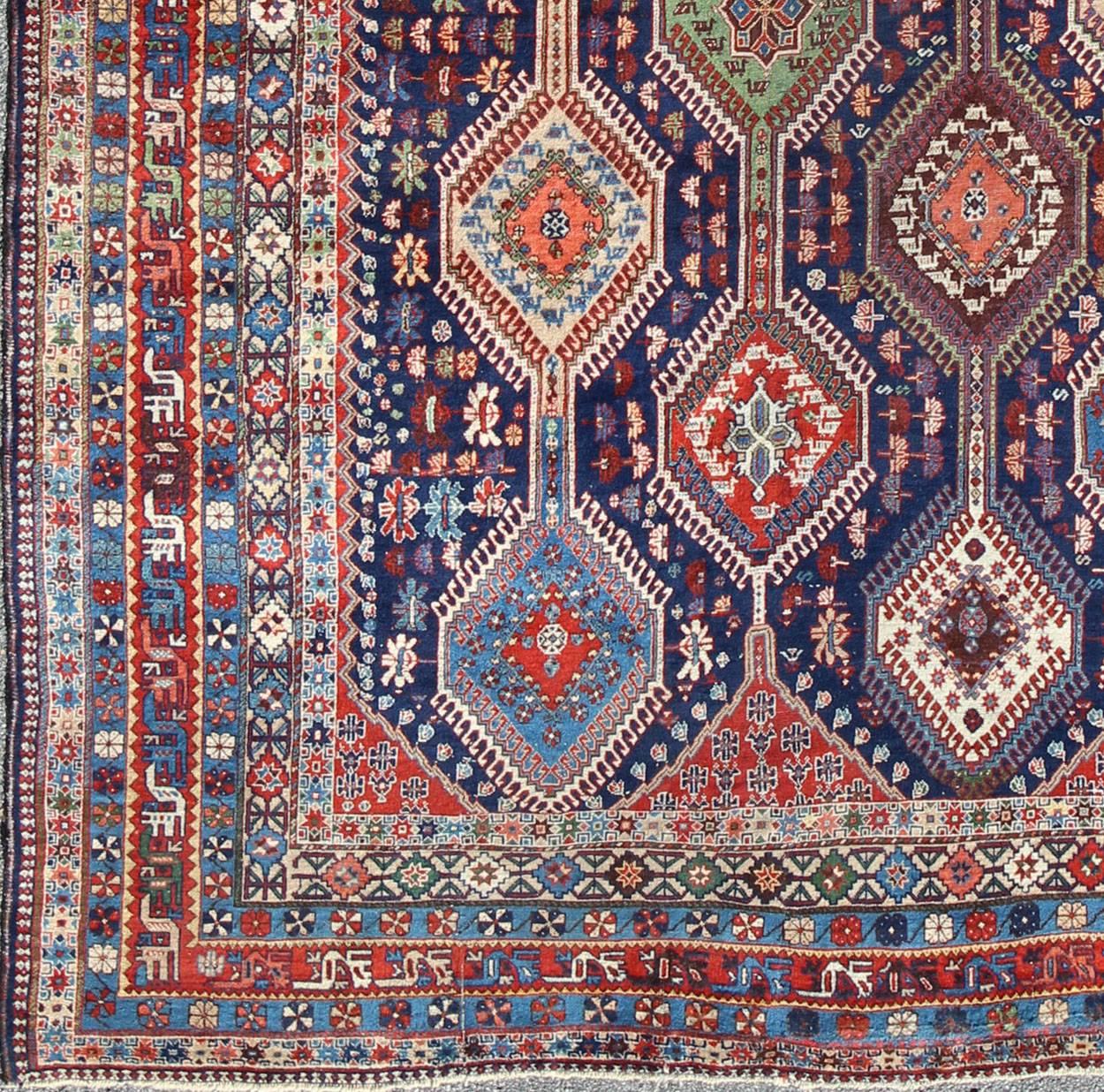 Antique Persian Large Qashqai Rug with Rich Jewel Tones and Diamond Design, kwarugs, Keivan Woven Arts Rug#16-0906, Unusually large in size for an Qashqai, Bold geometry, rich symbolism, and vivid coloration enhance the beauty of this stunning