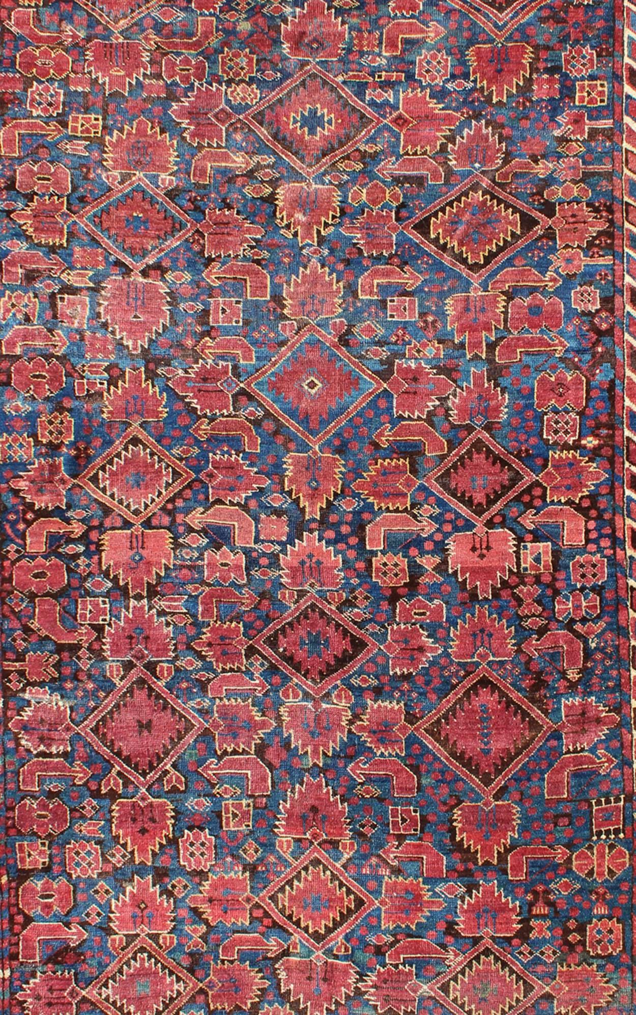 Tribal Mid 19th Century  Antique Beshir Rug from Turkmenistan in Blue, Red, Brown  For Sale