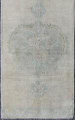 Muted Vintage Oushak Runner with Elegant Flowers in Taupe and Light Blue Tones
