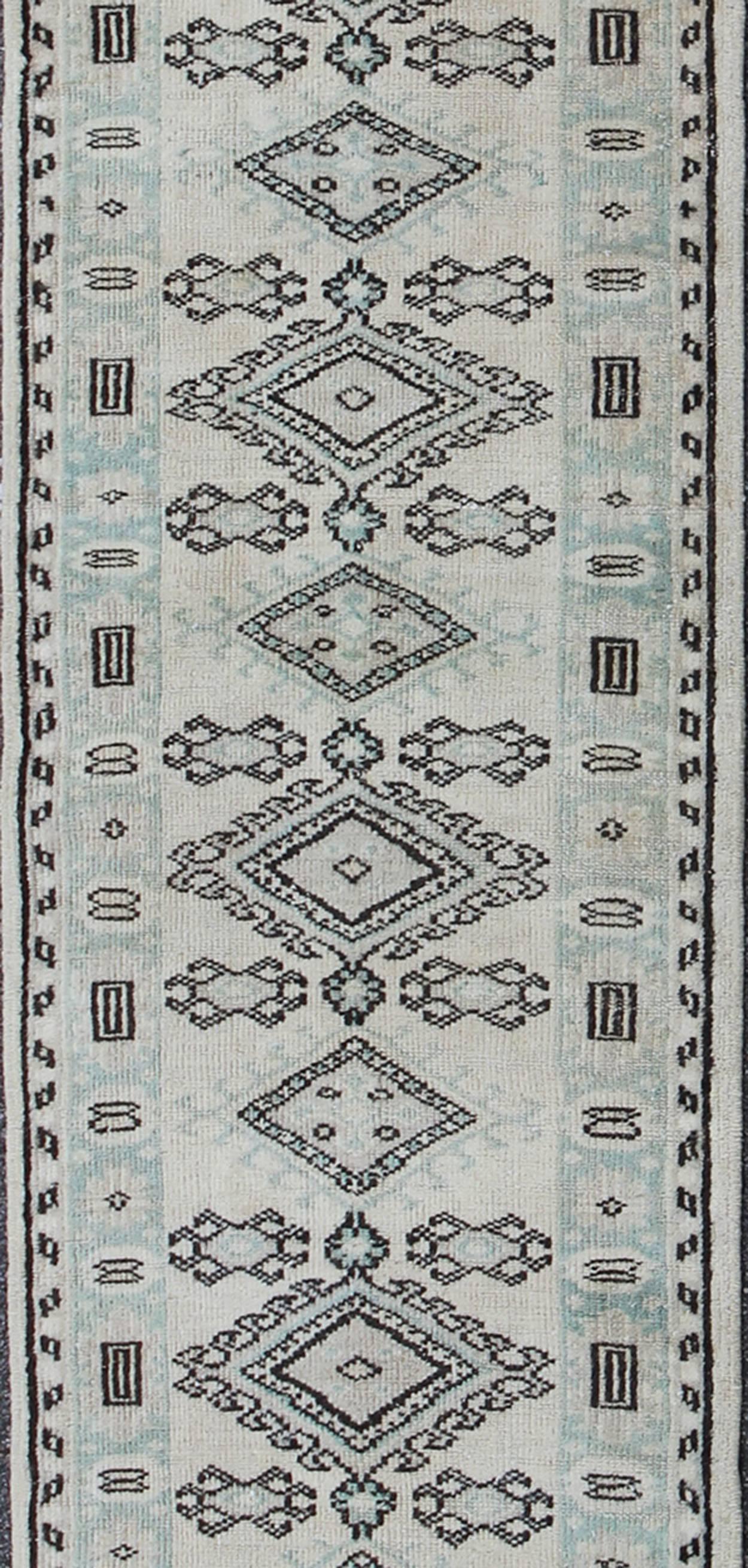 Hand-Knotted Vintage Oushak Runner with Ornate Medallions and Light Blue Tones