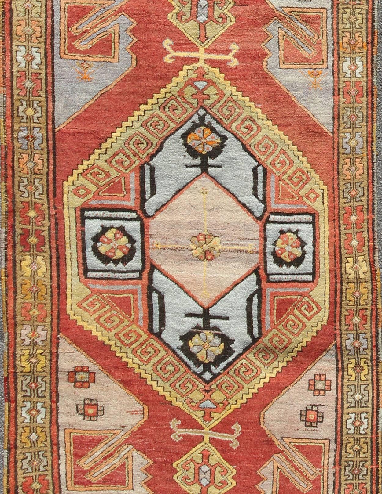 Hand-Knotted Long Vintage Turkish Oushak Gallery Runner With Geometric Medallions    For Sale
