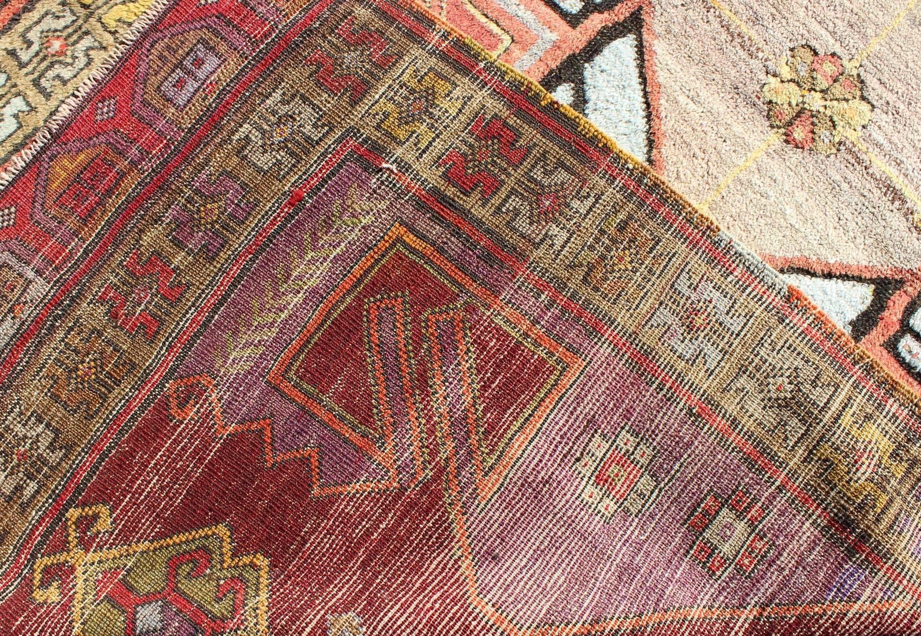 Wool Long Vintage Turkish Oushak Gallery Runner With Geometric Medallions    For Sale