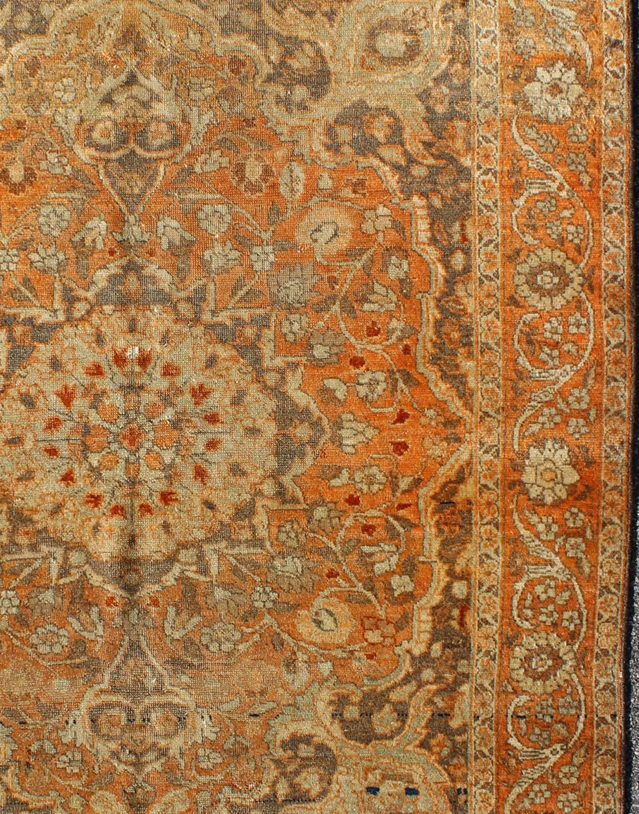 Antique Persian Tabriz Haji Jalili with Ornate Central Medallion in Lt. Orange  In Good Condition For Sale In Atlanta, GA