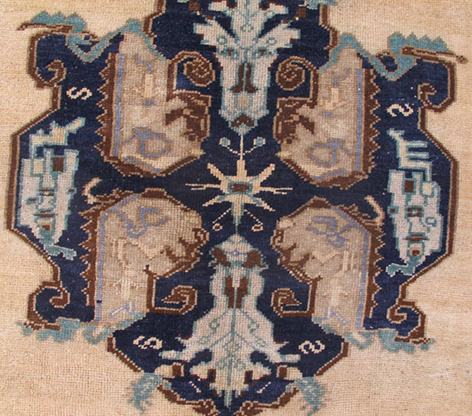 20th Century Gallery Turkish Oushak with Lustrous Wool and Two Elegant, Blue Medallions