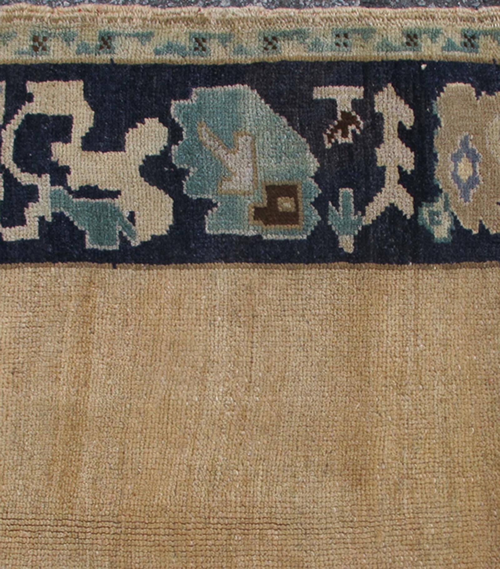 Gallery Turkish Oushak with Lustrous Wool and Two Elegant, Blue Medallions 1