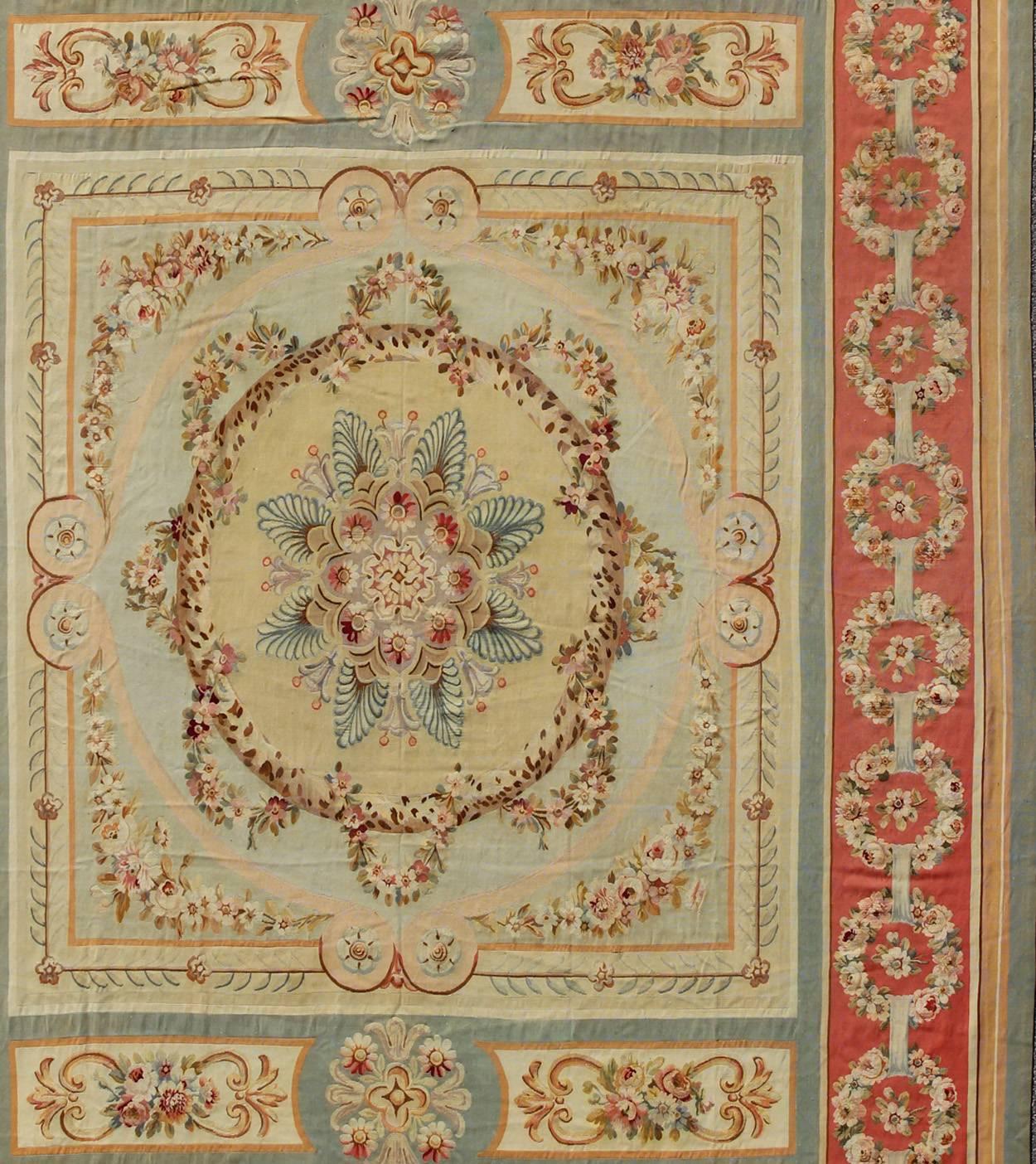 Hand-Knotted Gorgeous Antique French Aubusson Medallion Carpet with Garlands of Roses  For Sale