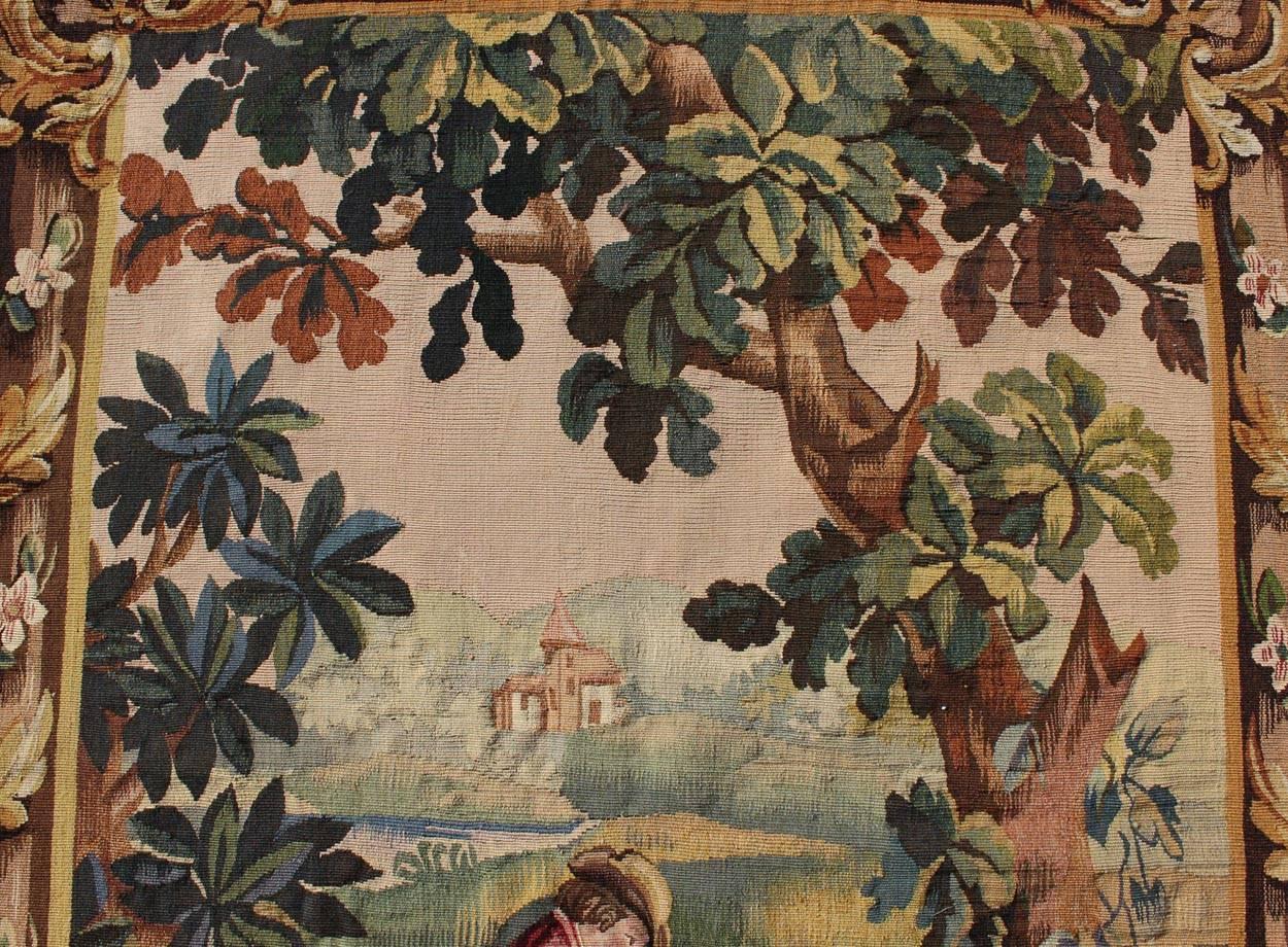 Mid-19th Century Antique French Aubusson Tapestry with Woodland Scene Surrounded by Floral Border For Sale