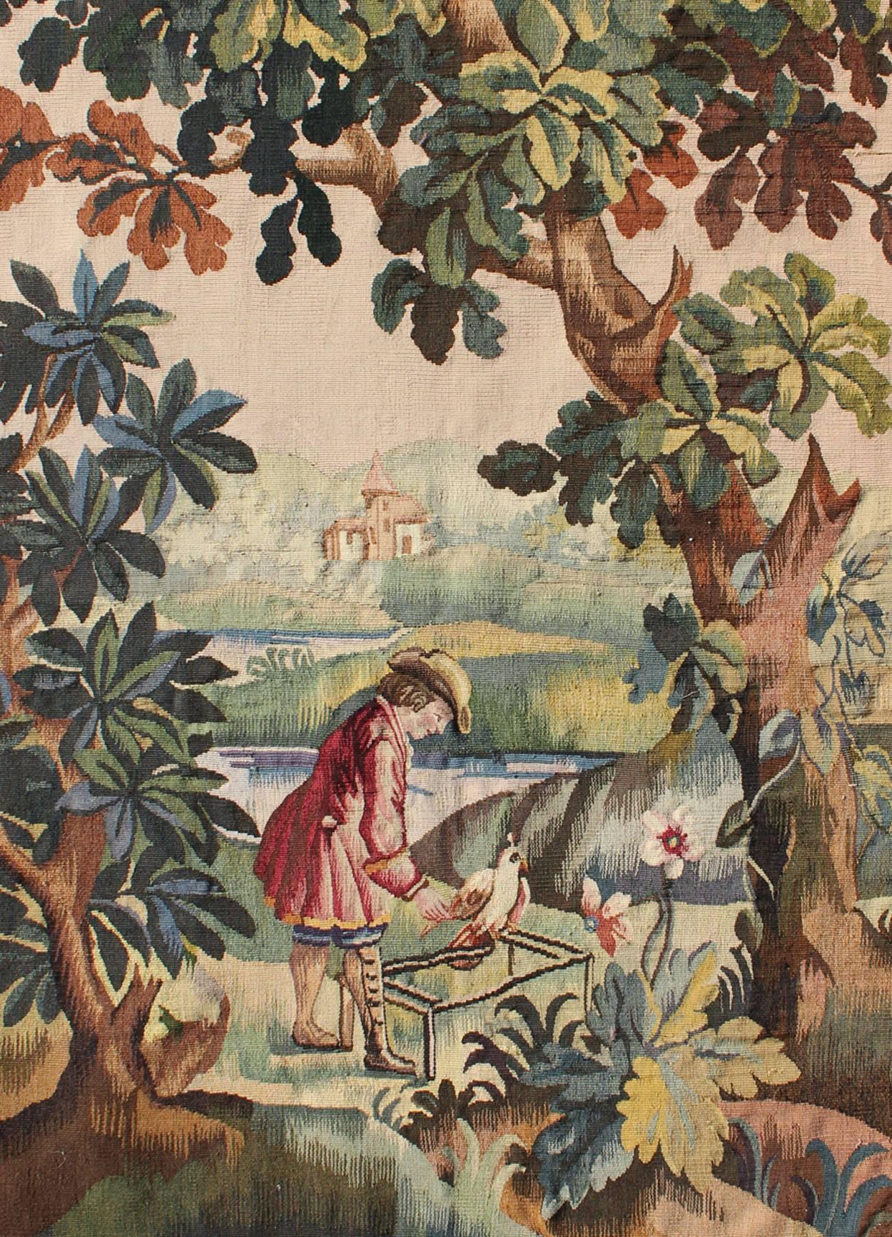 Hand-Woven Antique French Aubusson Tapestry with Woodland Scene Surrounded by Floral Border For Sale